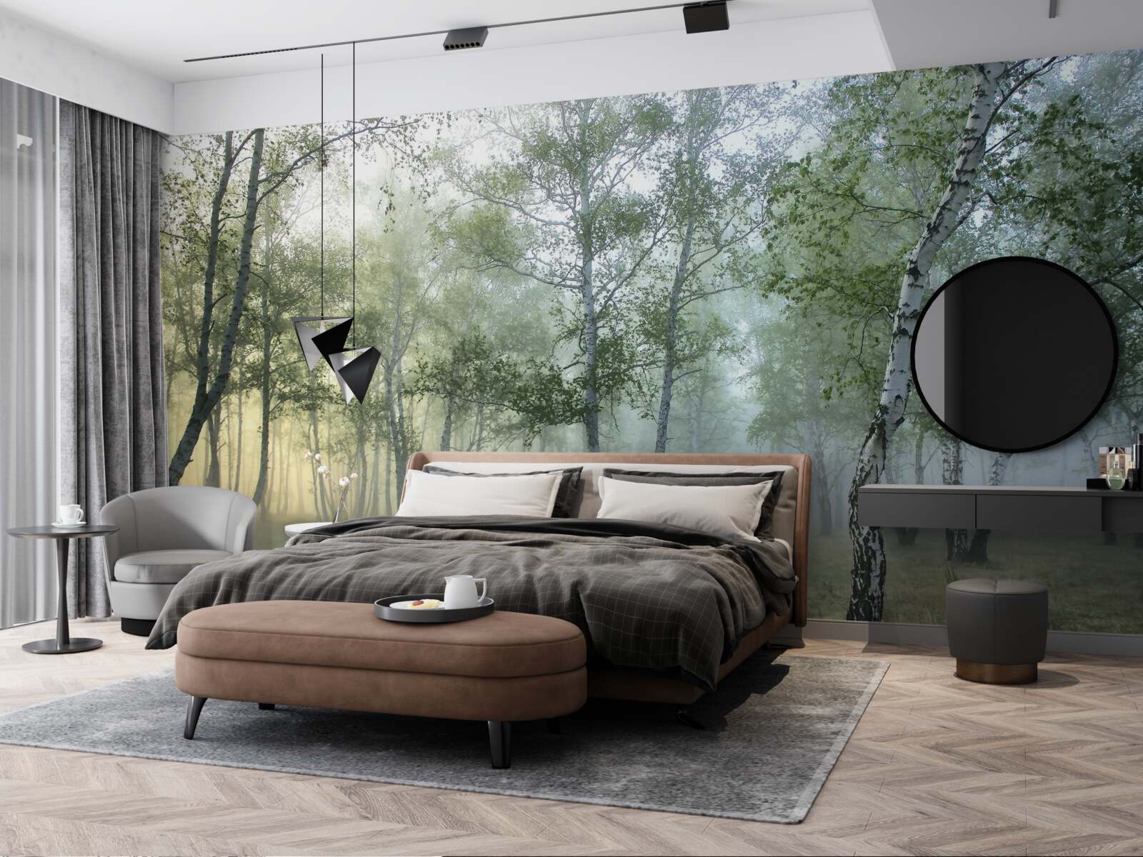 Papier peint les grands bouleaux enveloppés dans la brume du matin