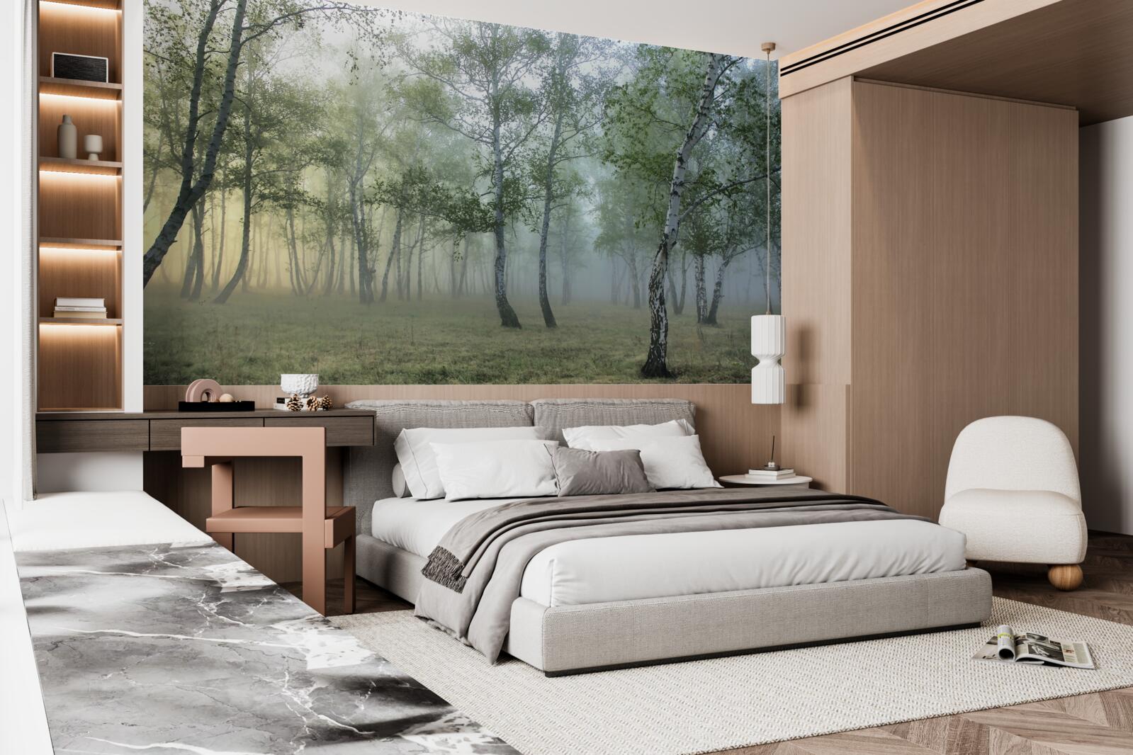 Papier peint les grands bouleaux enveloppés dans la brume du matin