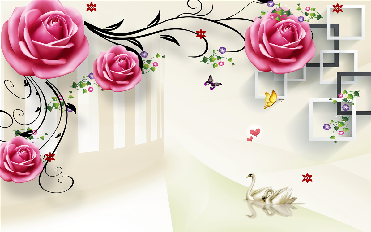 Papier peint branches argentées avec roses roses