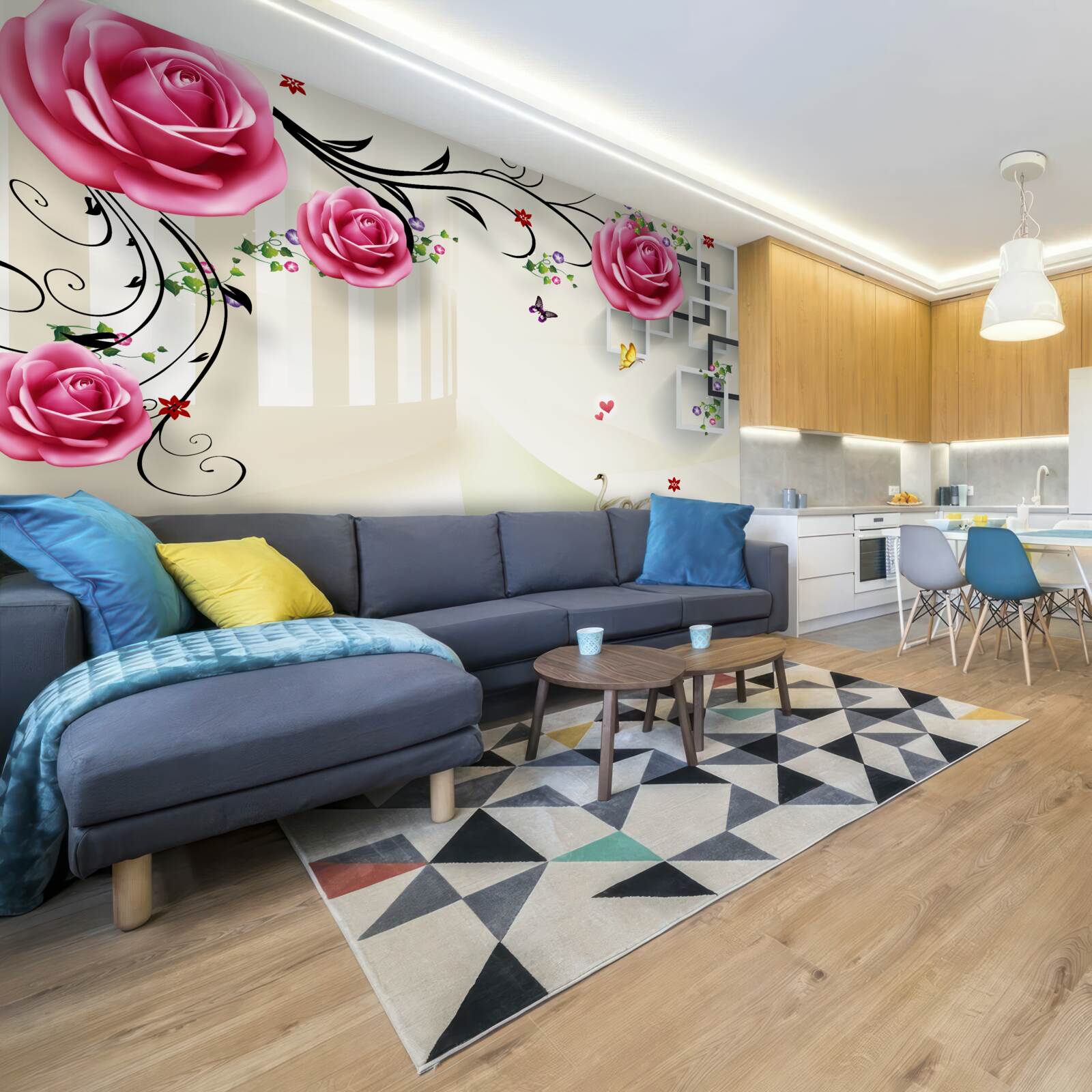 Papier peint branches argentées avec roses roses