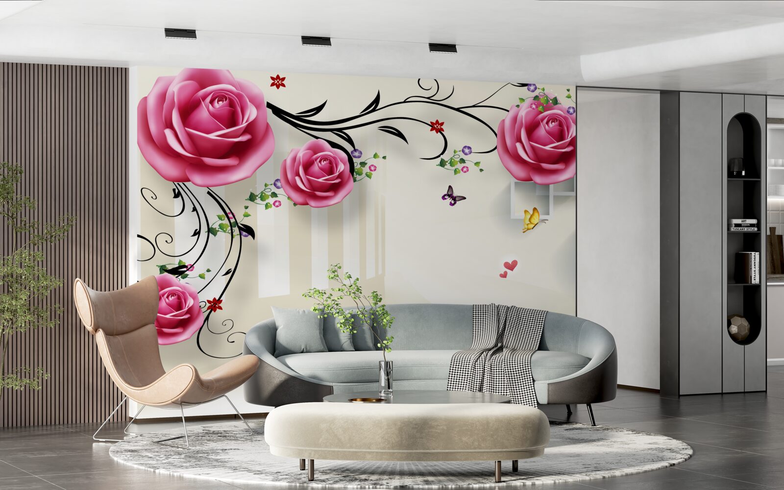 Papier peint branches argentées avec roses roses