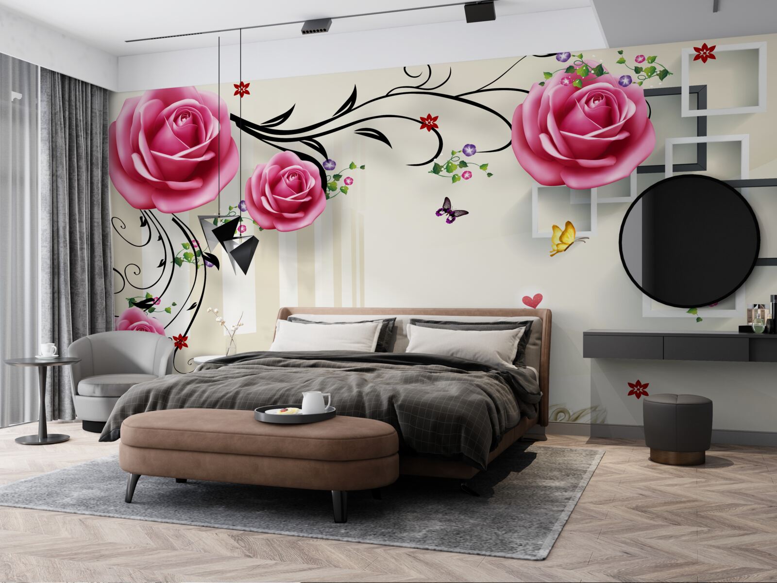 Papier peint branches argentées avec roses roses