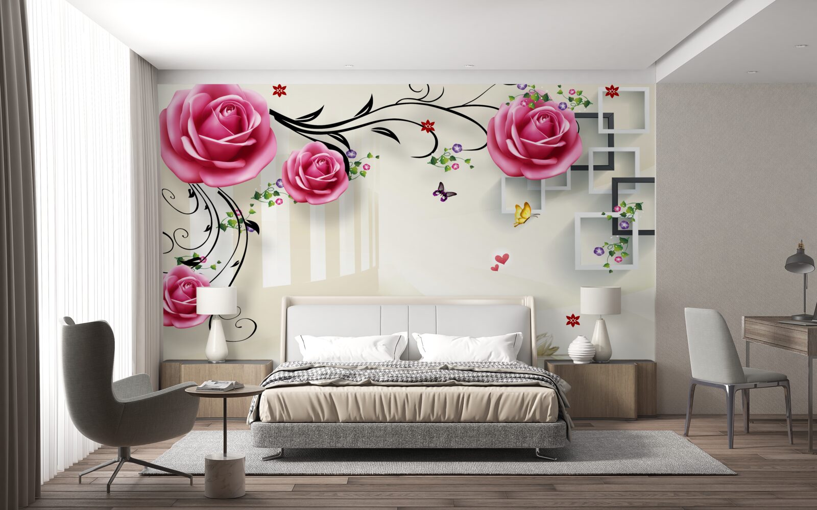 Papier peint branches argentées avec roses roses