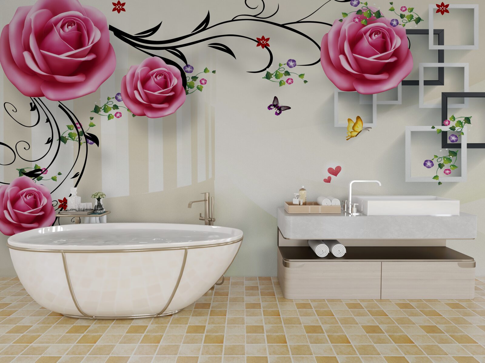 Papier peint branches argentées avec roses roses