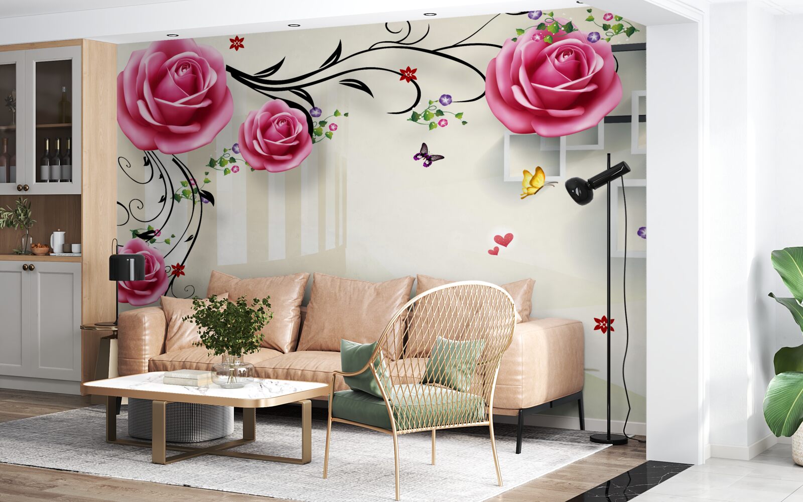 Papier peint branches argentées avec roses roses