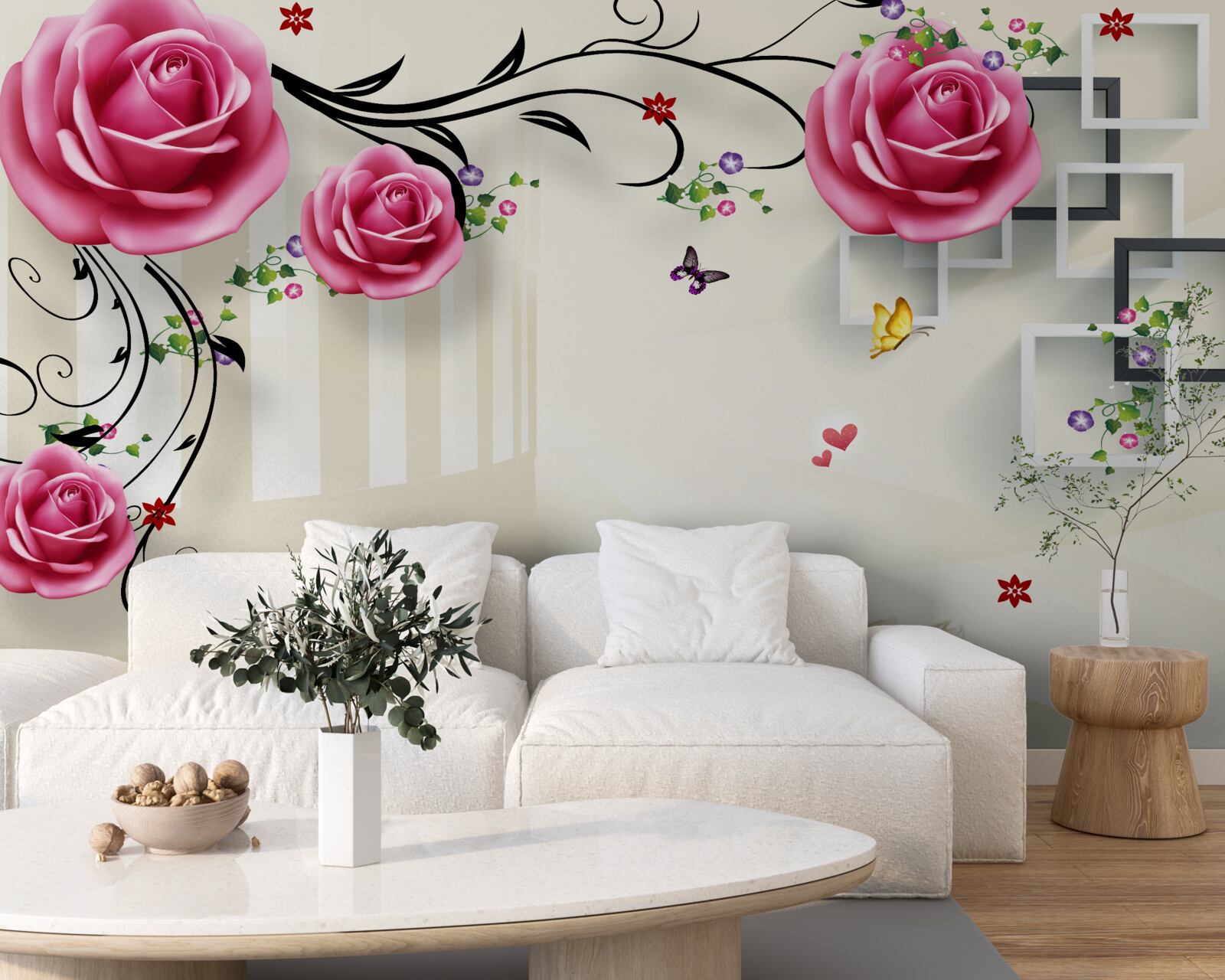 Papier peint branches argentées avec roses roses