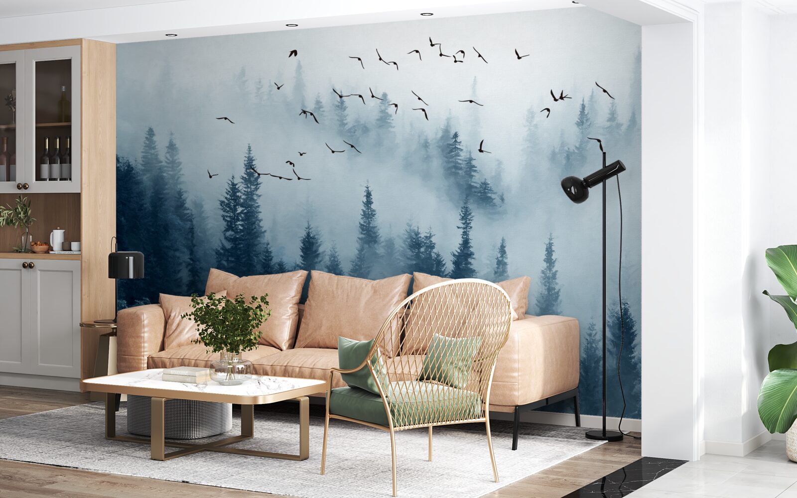 Papier peint une volée d'oiseaux survole une forêt enveloppée de brume