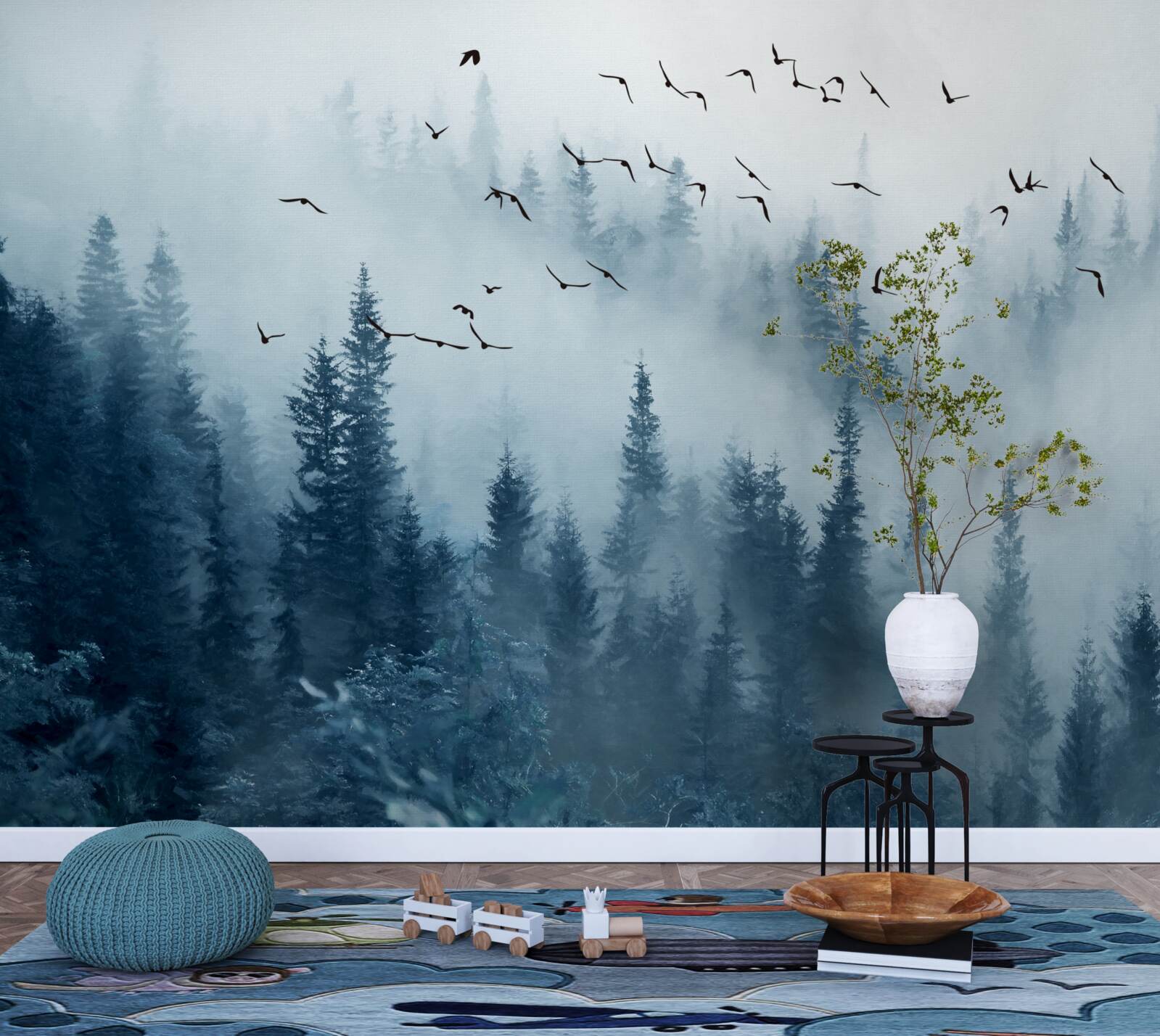 Papier peint une volée d'oiseaux survole une forêt enveloppée de brume