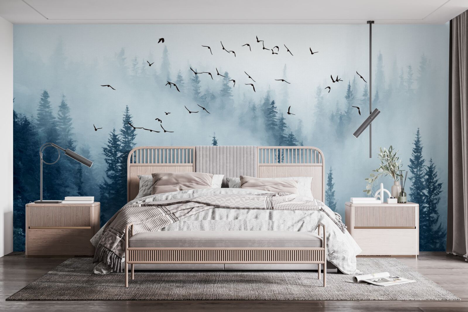 Papier peint une volée d'oiseaux survole une forêt enveloppée de brume