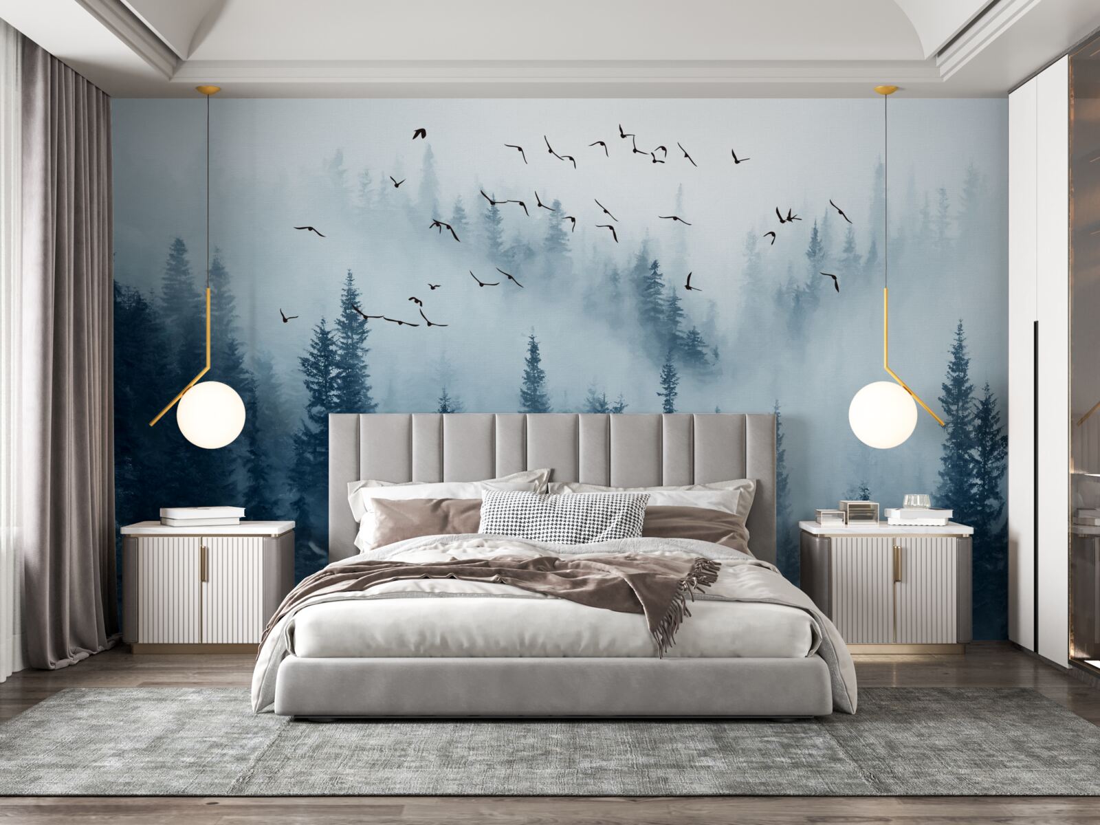 Papier peint une volée d'oiseaux survole une forêt enveloppée de brume