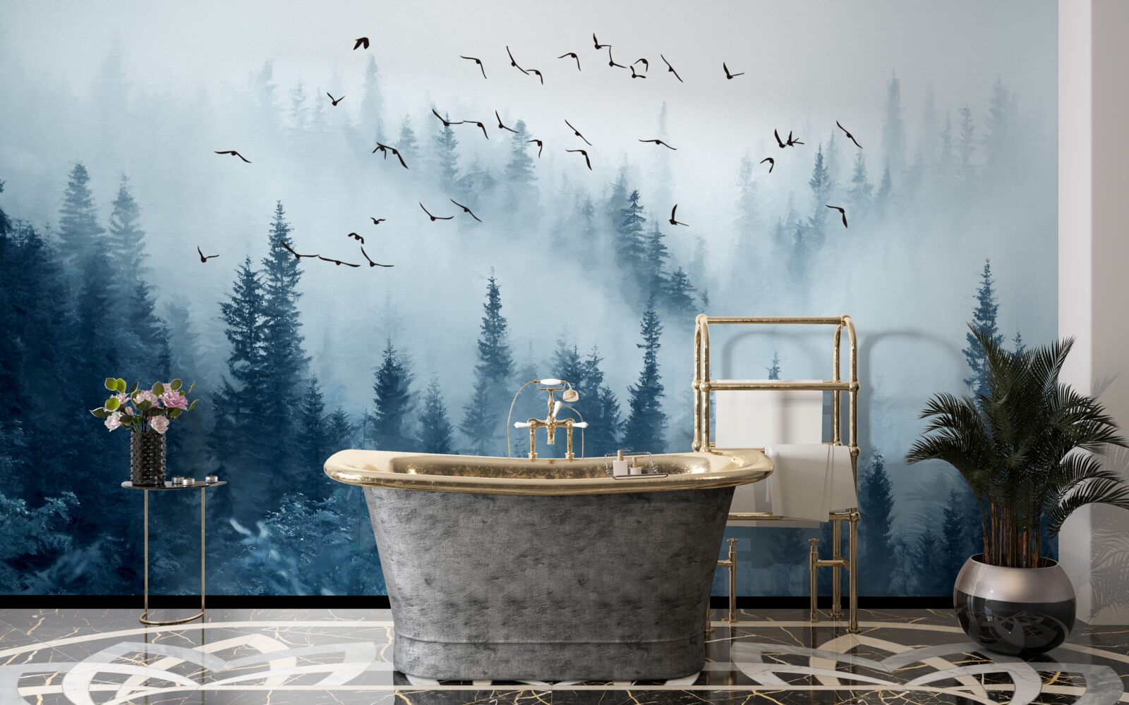 Papier peint une volée d'oiseaux survole une forêt enveloppée de brume