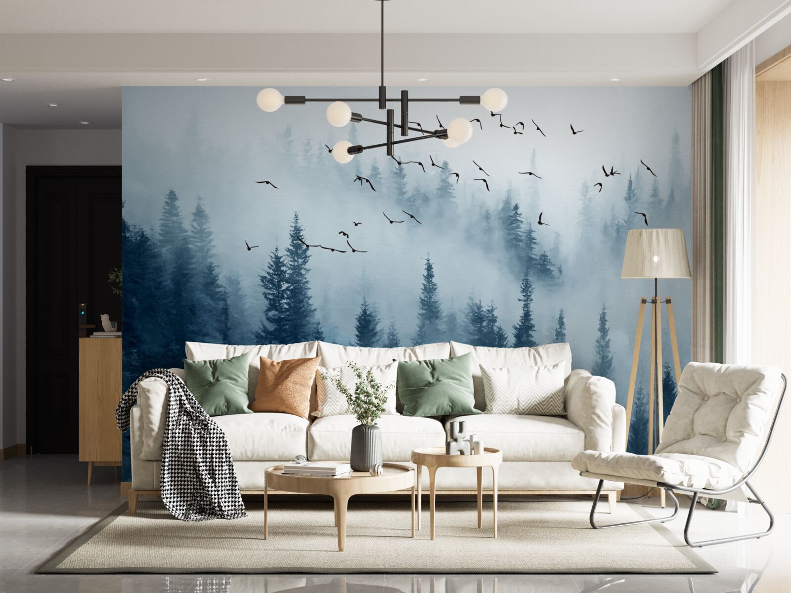 Papier peint une volée d'oiseaux survole une forêt enveloppée de brume