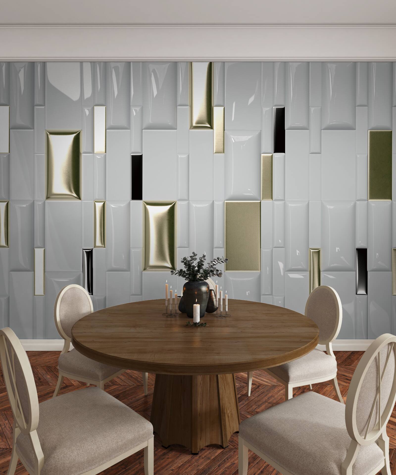 Papier peint carreaux avec une surface brillante et des éléments dorés