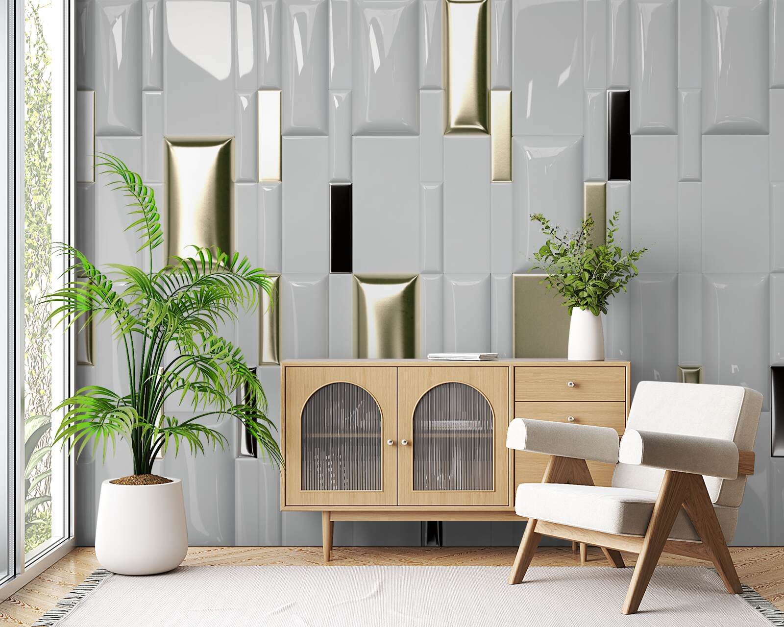 Papier peint carreaux avec une surface brillante et des éléments dorés