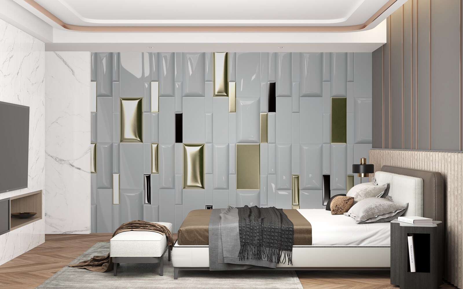 Papier peint carreaux avec une surface brillante et des éléments dorés