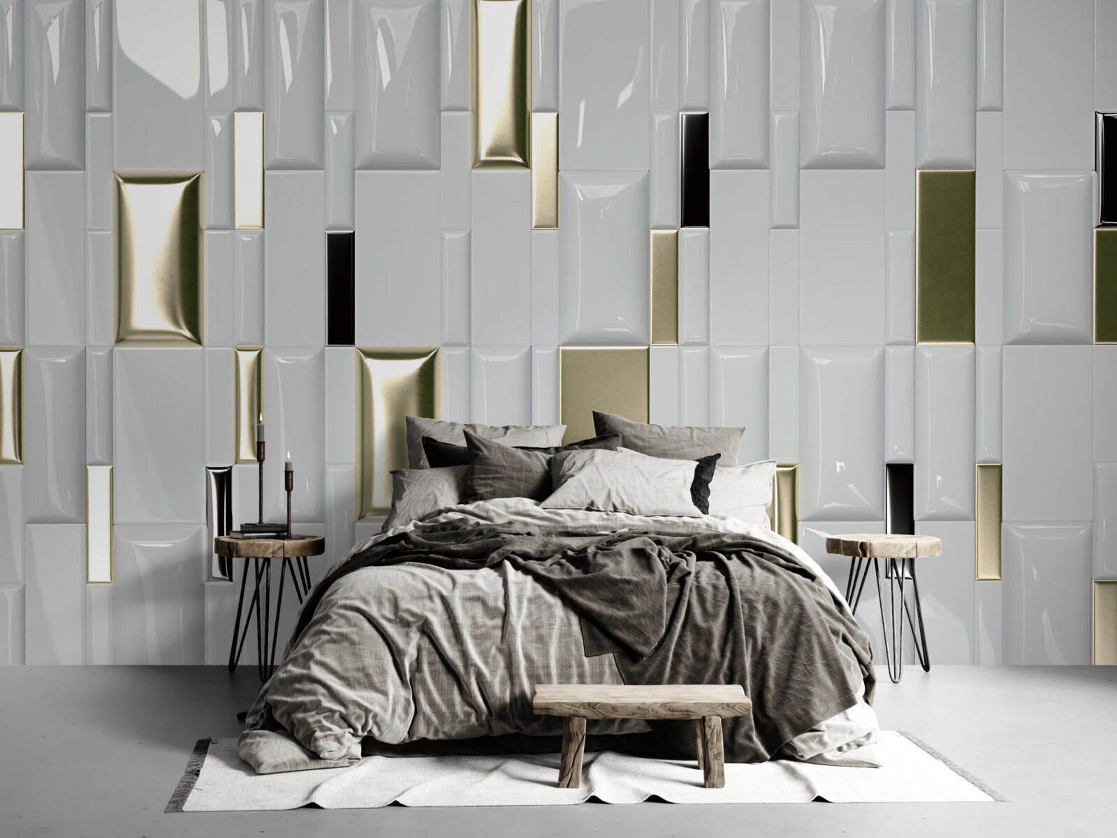 Papier peint carreaux avec une surface brillante et des éléments dorés