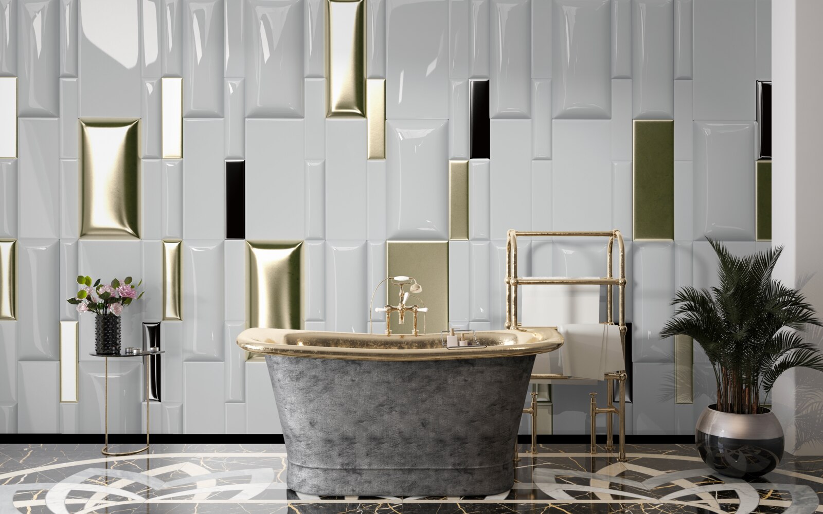 Papier peint carreaux avec une surface brillante et des éléments dorés