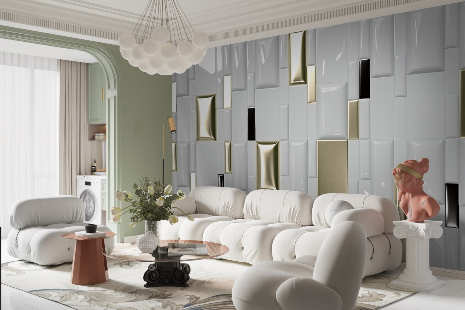 Papier peint carreaux avec une surface brillante et des éléments dorés