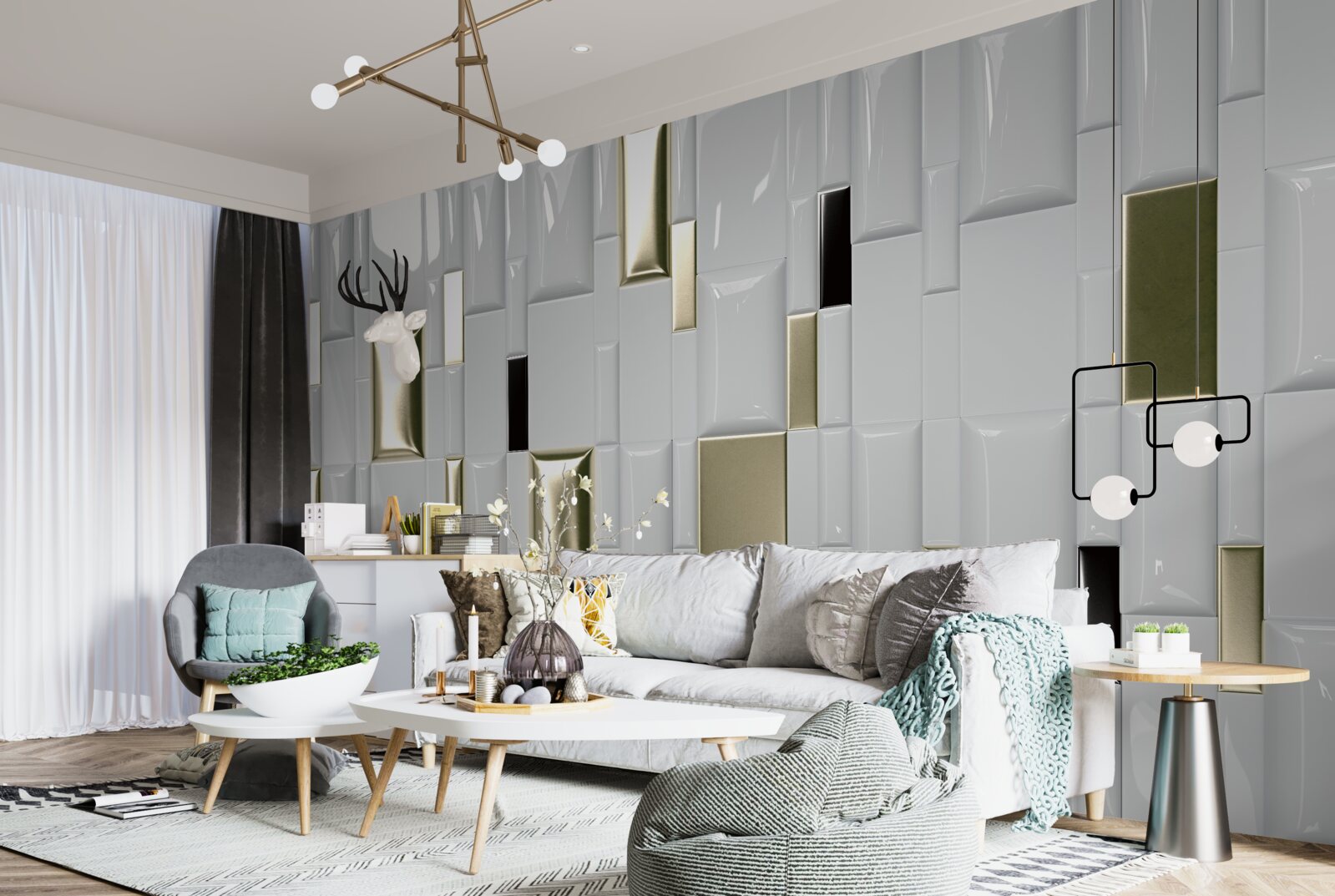 Papier peint carreaux avec une surface brillante et des éléments dorés