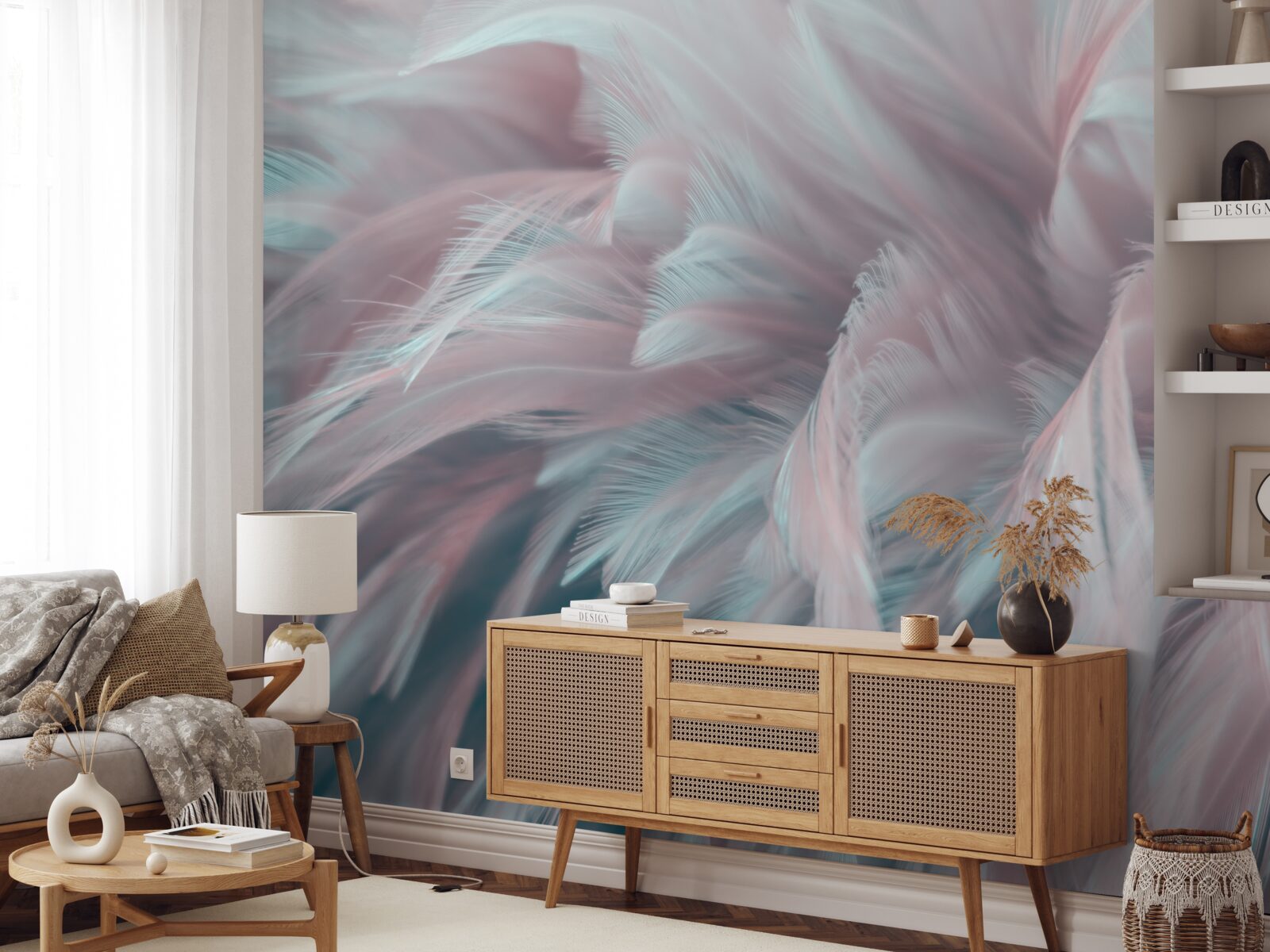Papier peint plumes douces et rosées