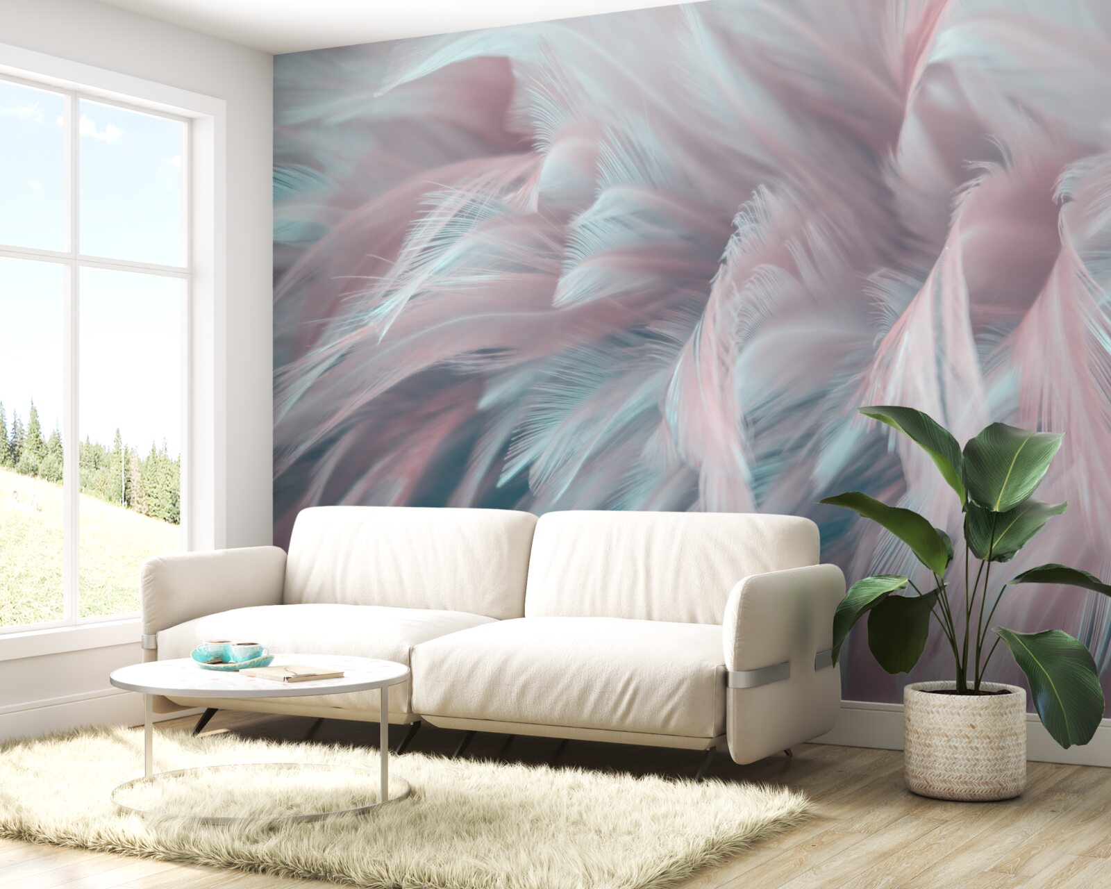 Papier peint plumes douces et rosées