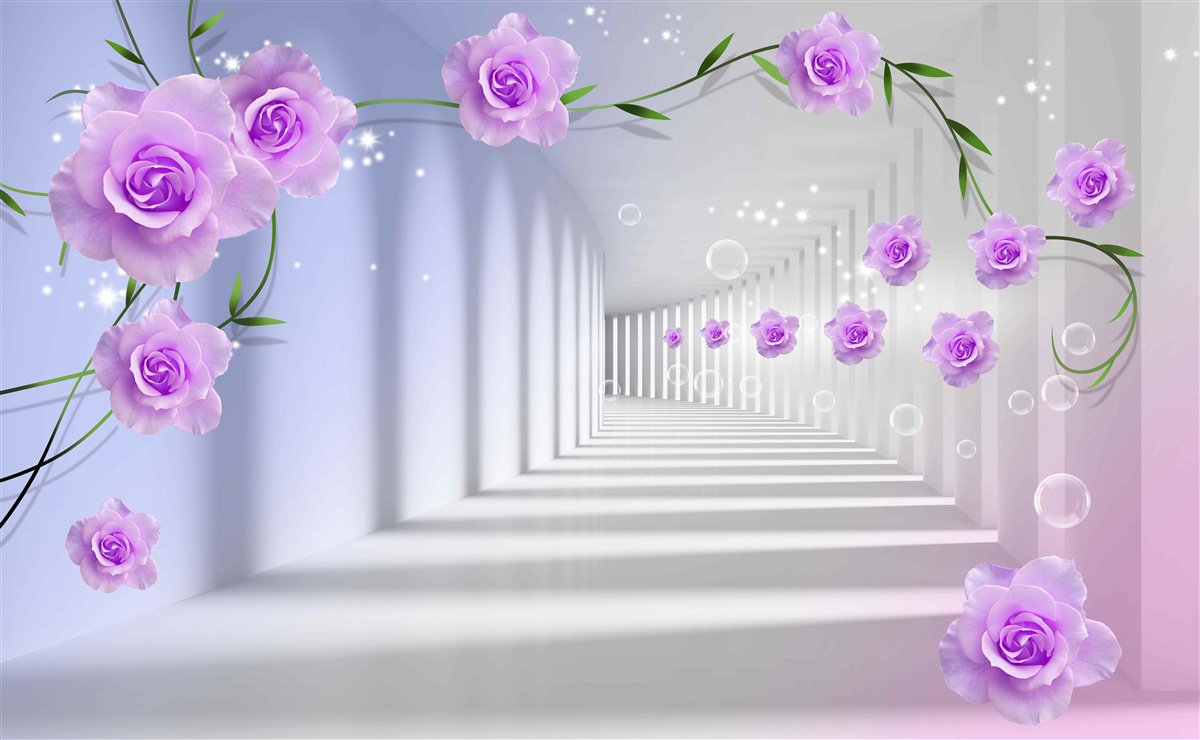 Papier peint le couloir est long et les roses sont lilas