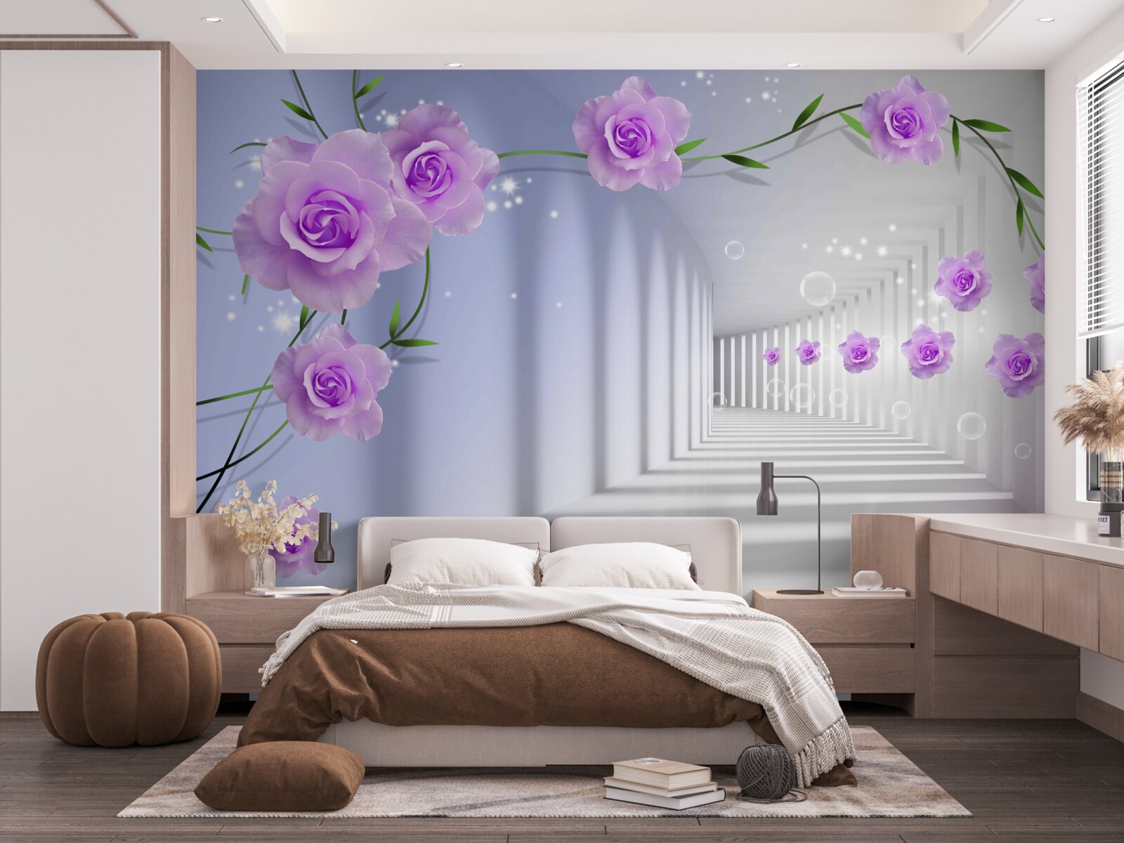 Papier peint le couloir est long et les roses sont lilas