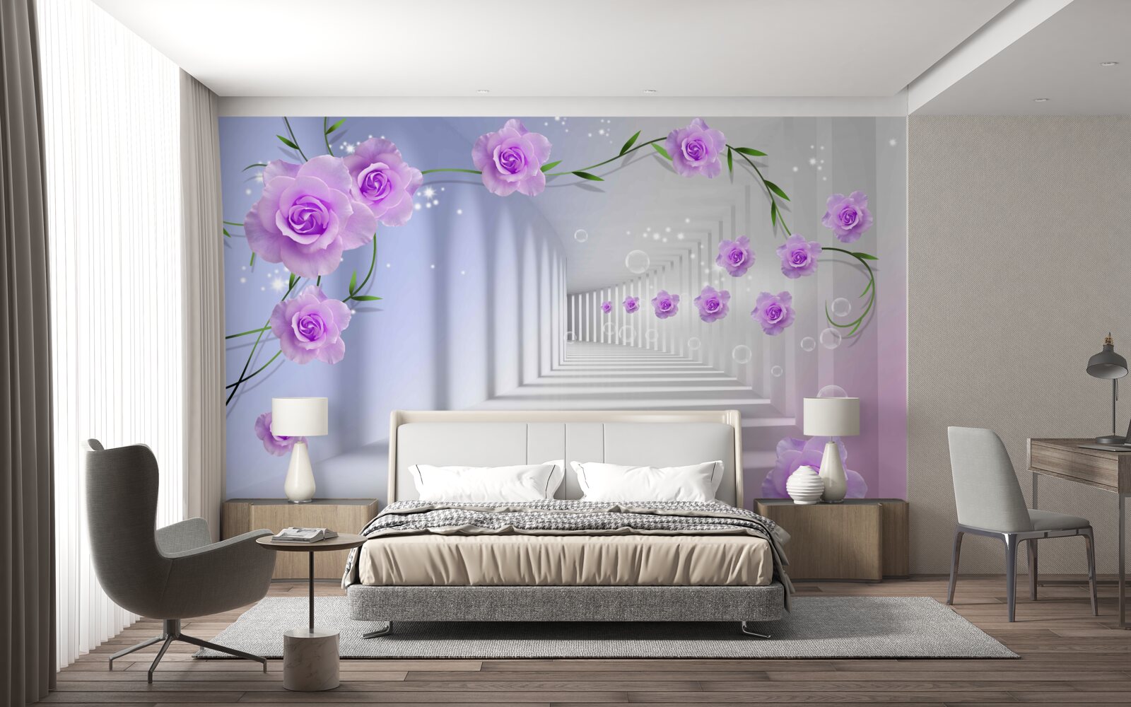 Papier peint le couloir est long et les roses sont lilas