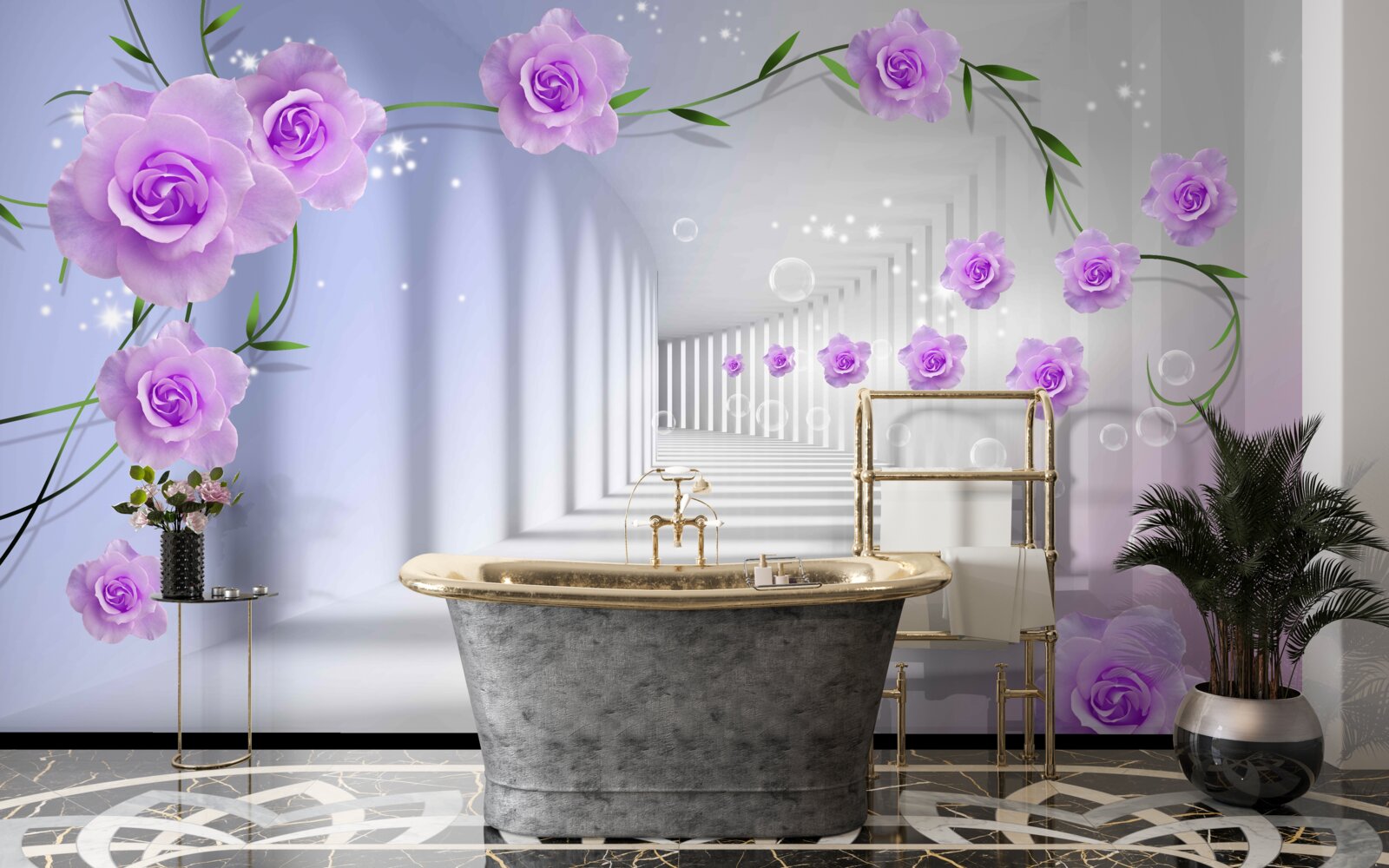 Papier peint le couloir est long et les roses sont lilas