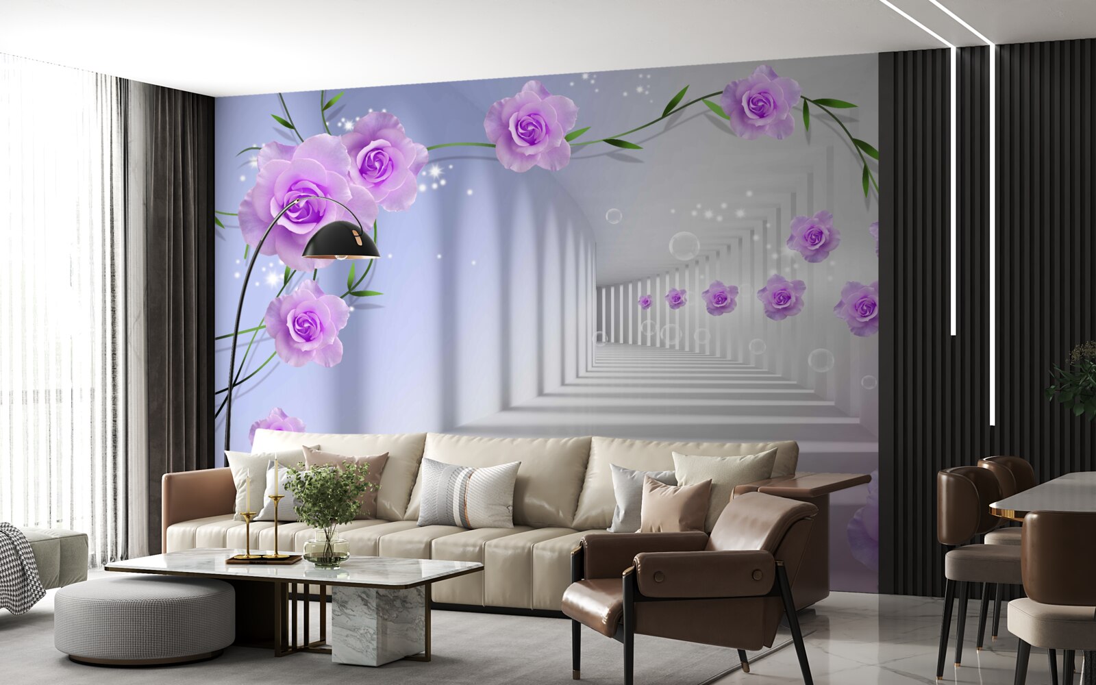 Papier peint le couloir est long et les roses sont lilas