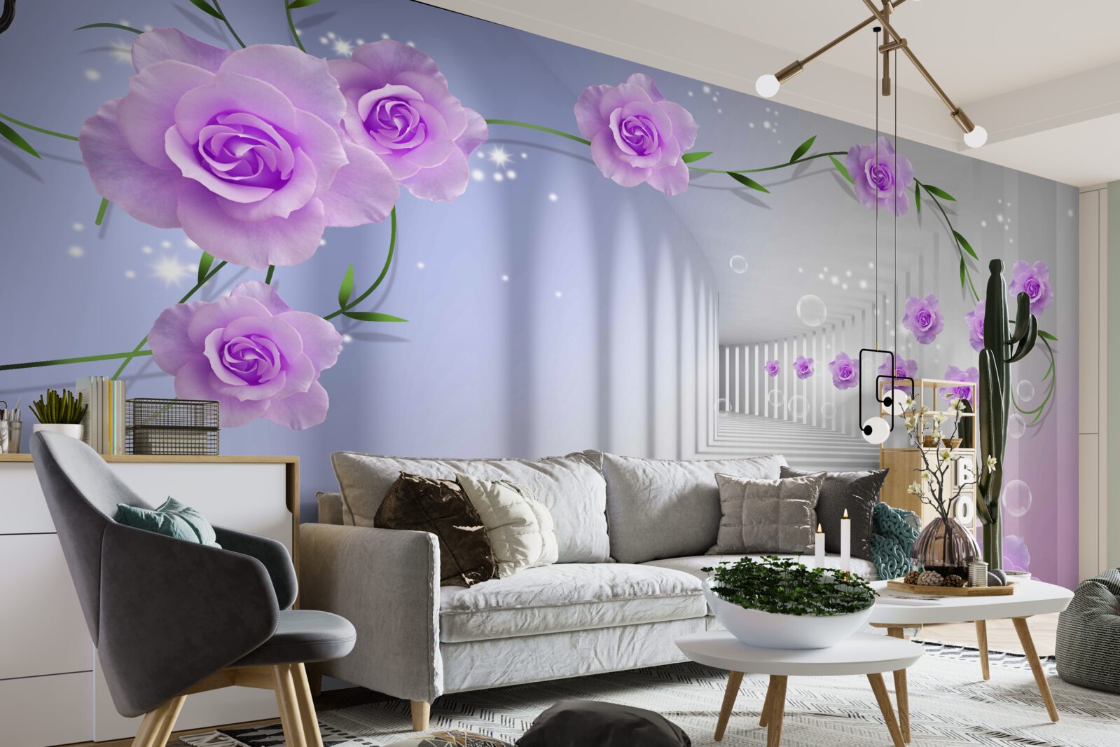 Papier peint le couloir est long et les roses sont lilas