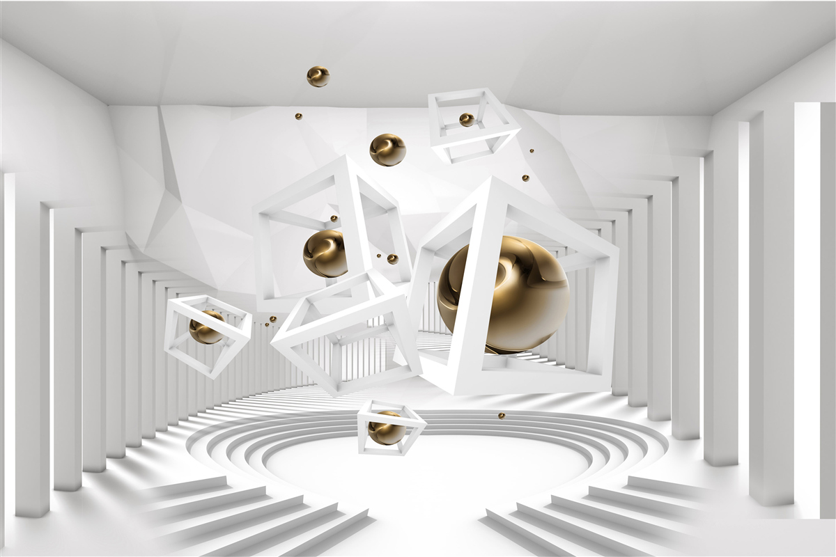 Papier peint boules d'or et cubes blancs