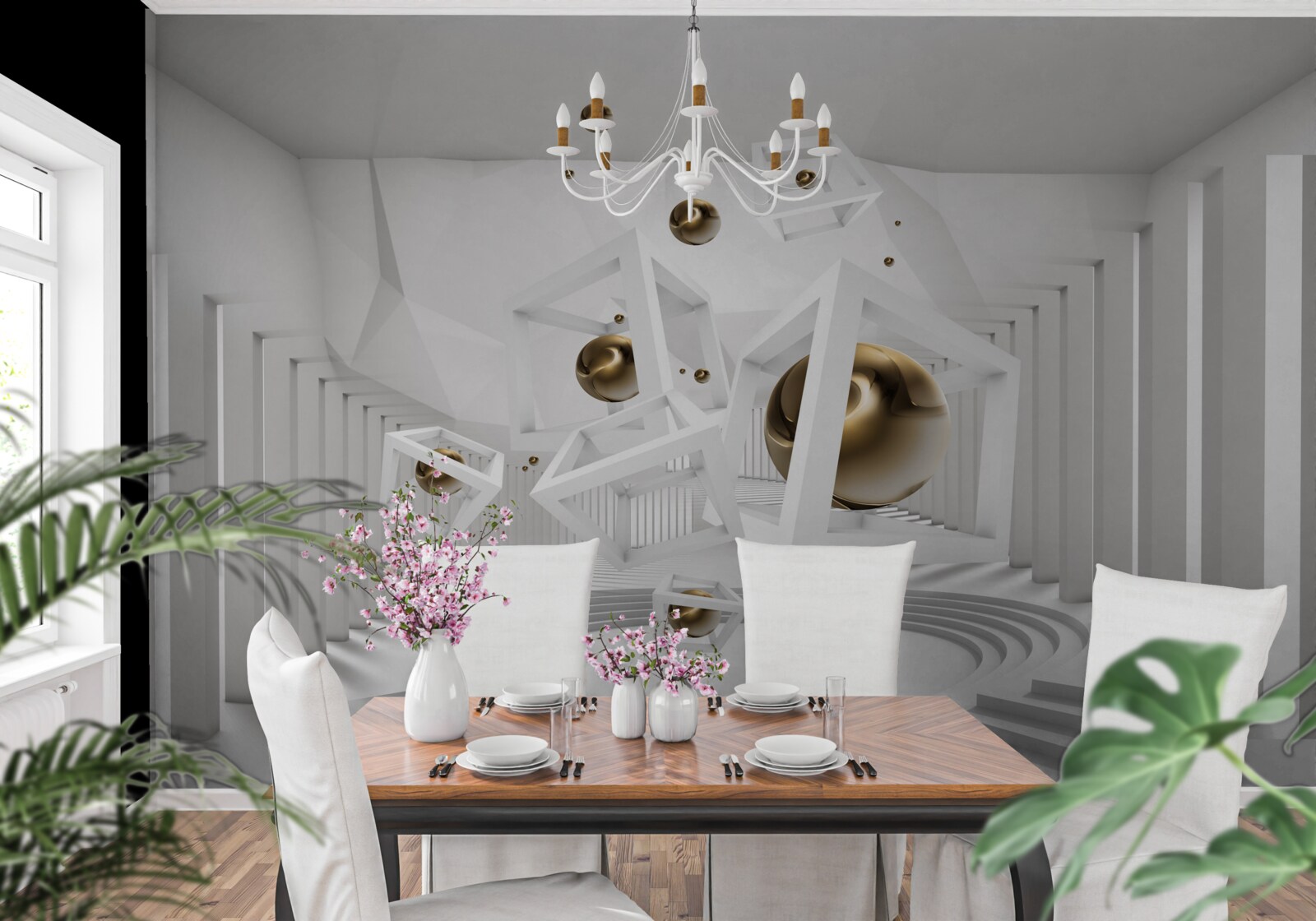 Papier peint boules d'or et cubes blancs