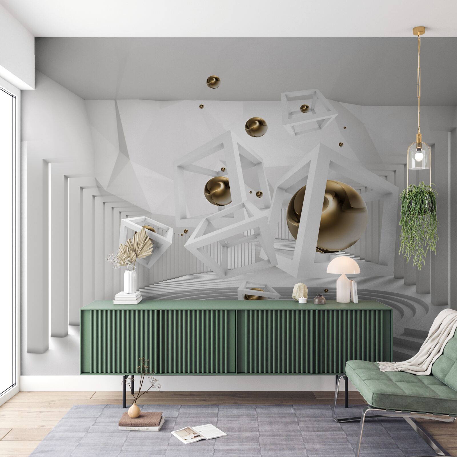 Papier peint boules d'or et cubes blancs