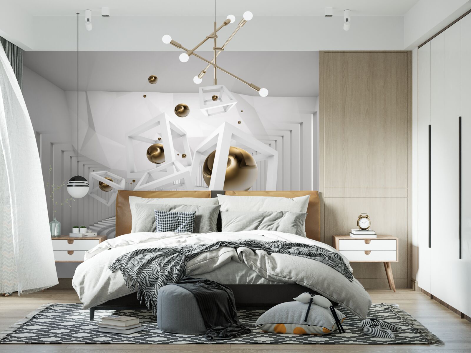 Papier peint boules d'or et cubes blancs