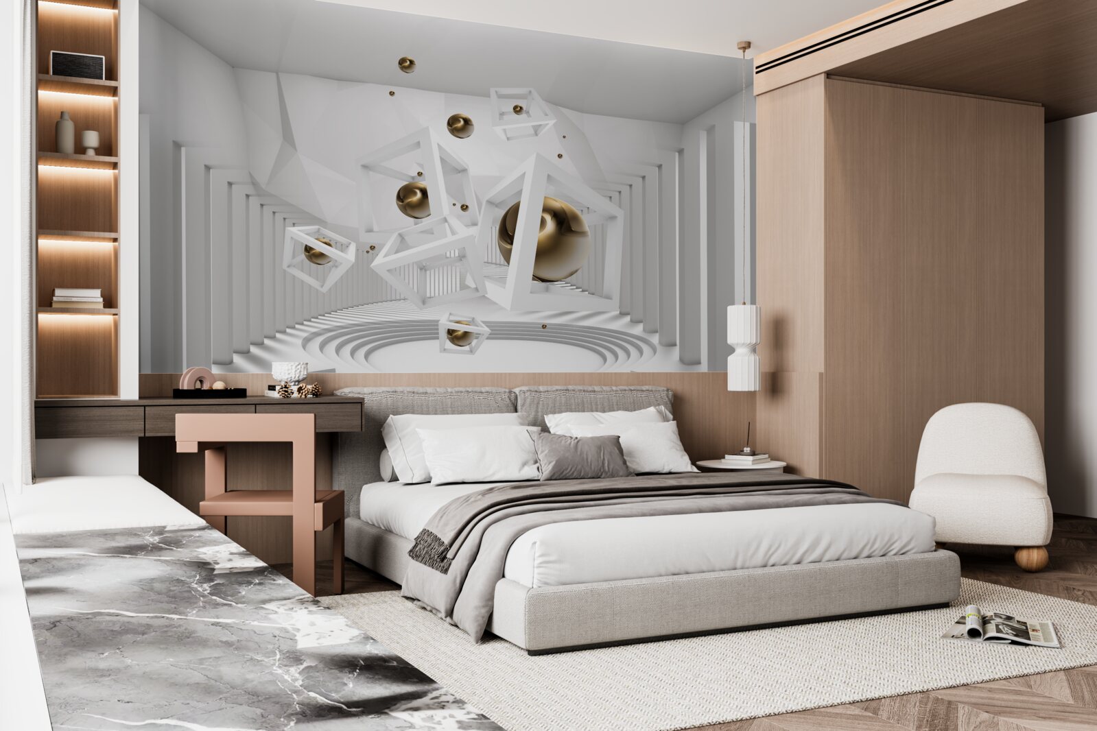 Papier peint boules d'or et cubes blancs