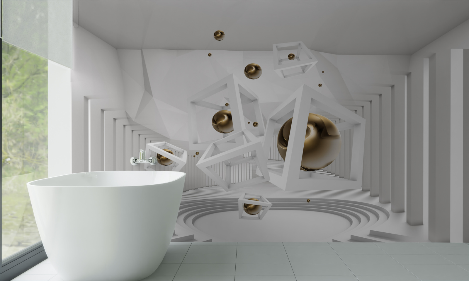 Papier peint boules d'or et cubes blancs