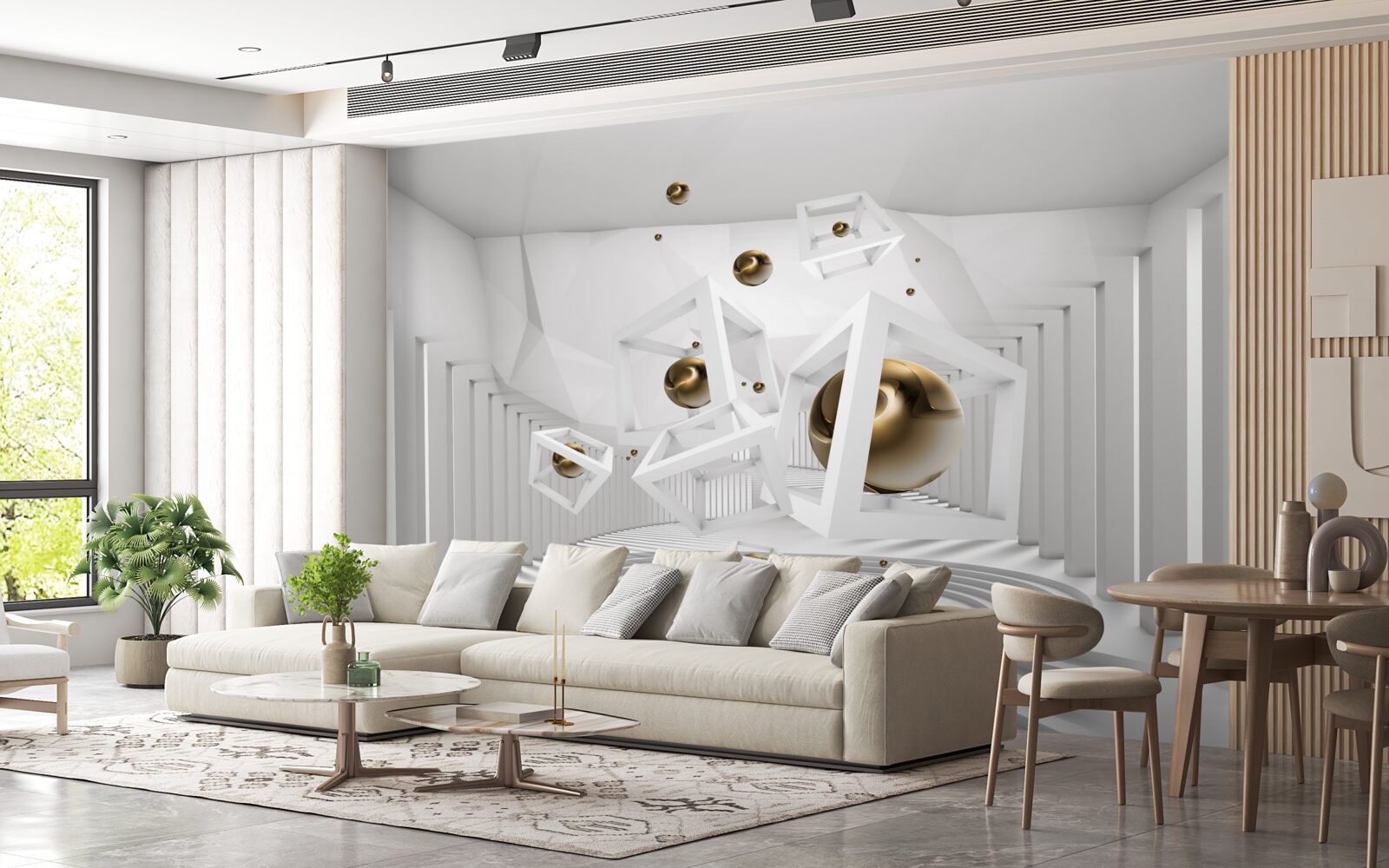 Papier peint boules d'or et cubes blancs