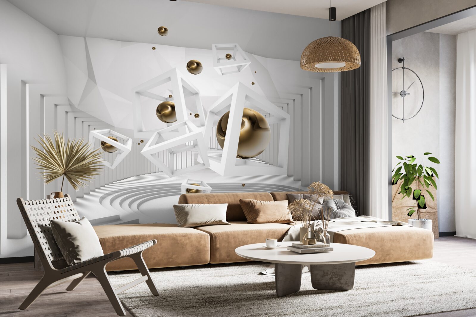 Papier peint boules d'or et cubes blancs