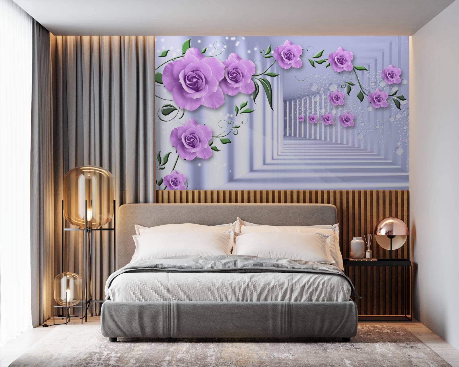 Papier peint des branches de lilas rose et un couloir blanc comme neige