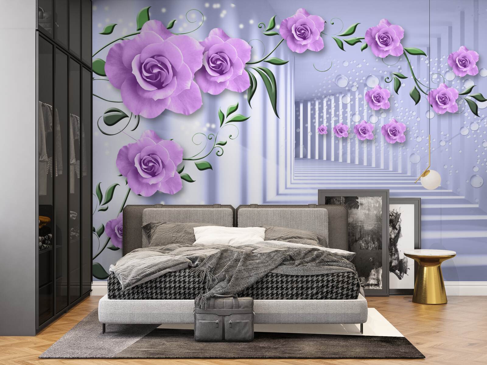 Papier peint des branches de lilas rose et un couloir blanc comme neige