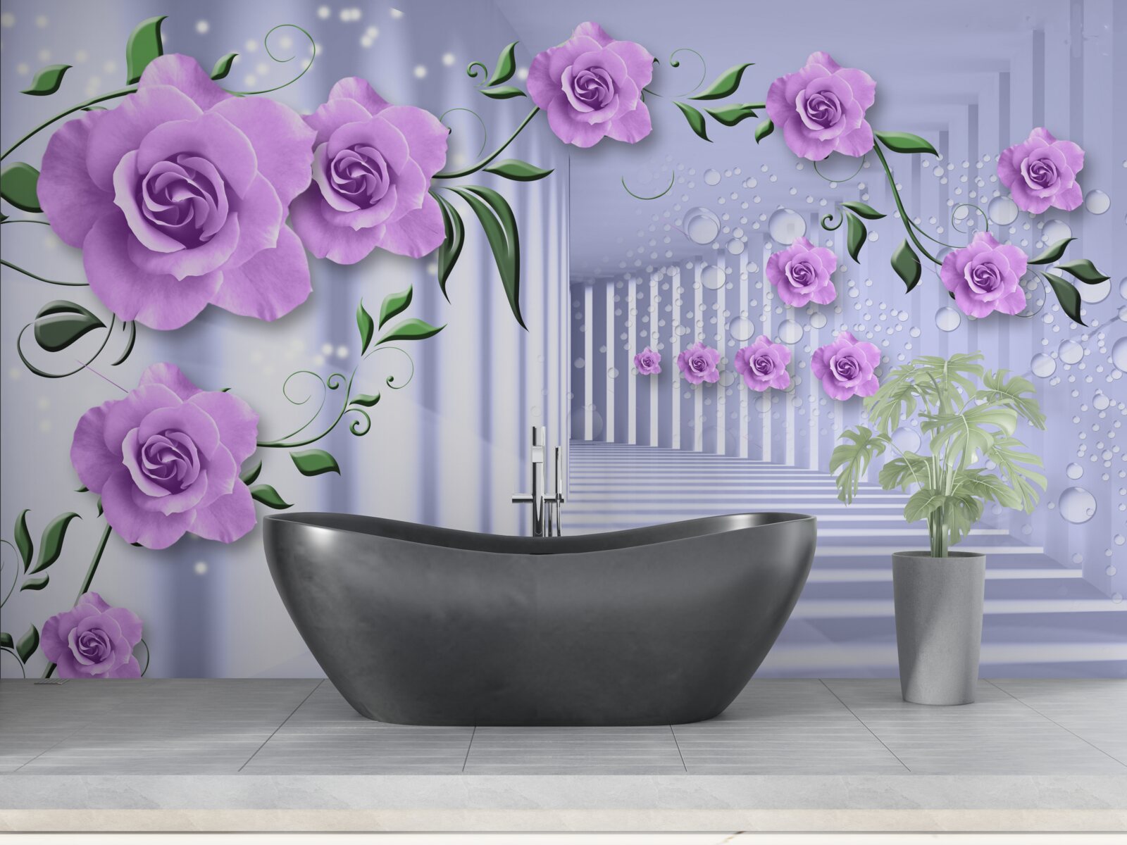 Papier peint des branches de lilas rose et un couloir blanc comme neige