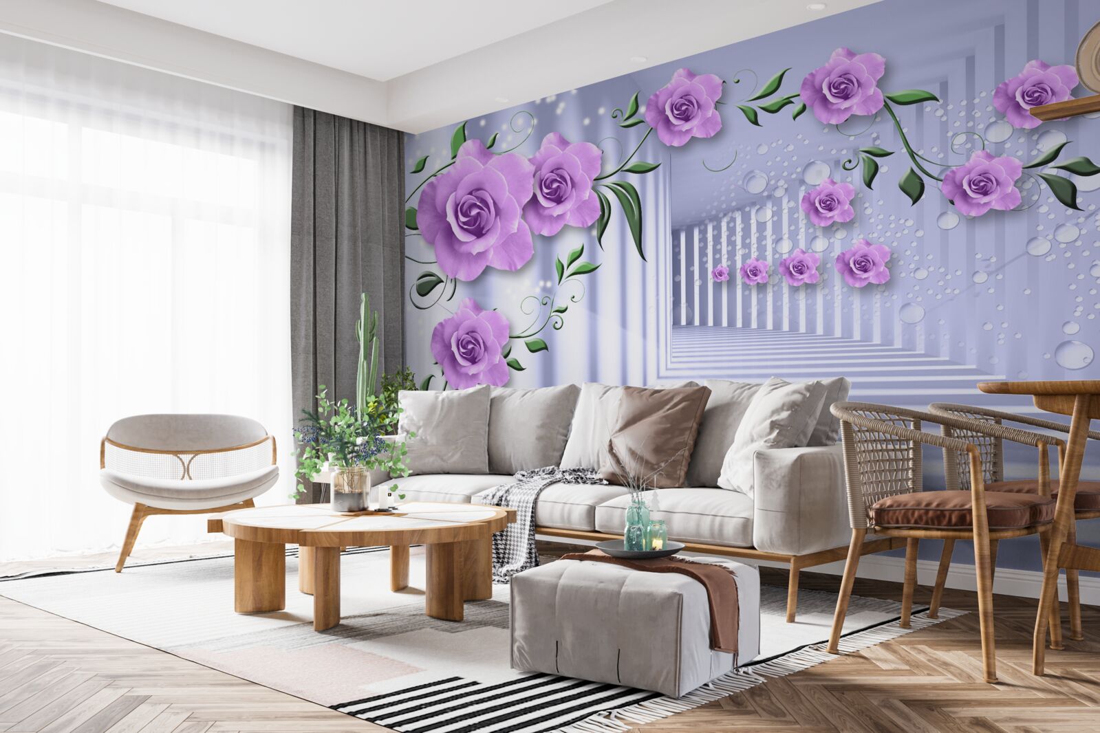 Papier peint des branches de lilas rose et un couloir blanc comme neige