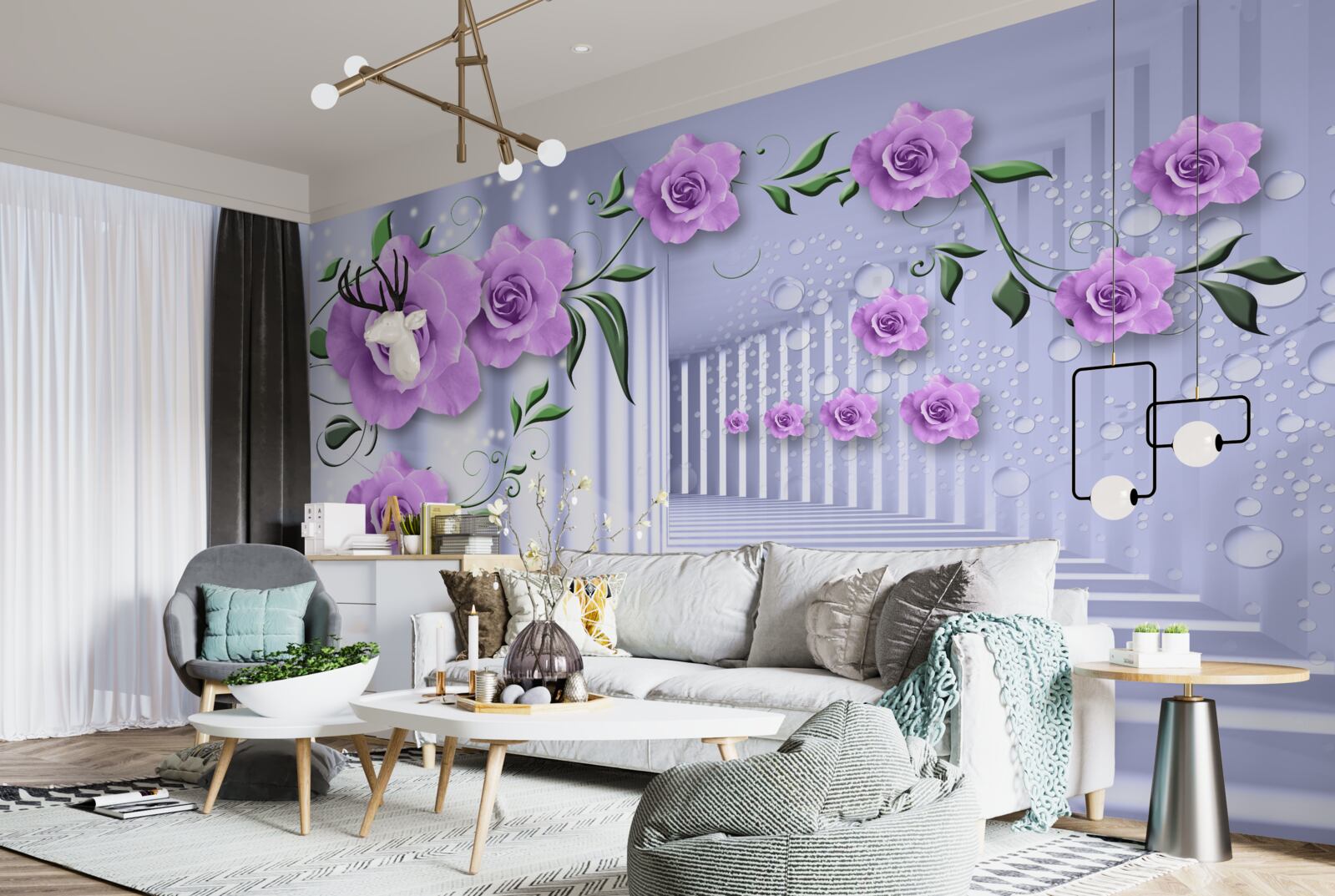 Papier peint des branches de lilas rose et un couloir blanc comme neige