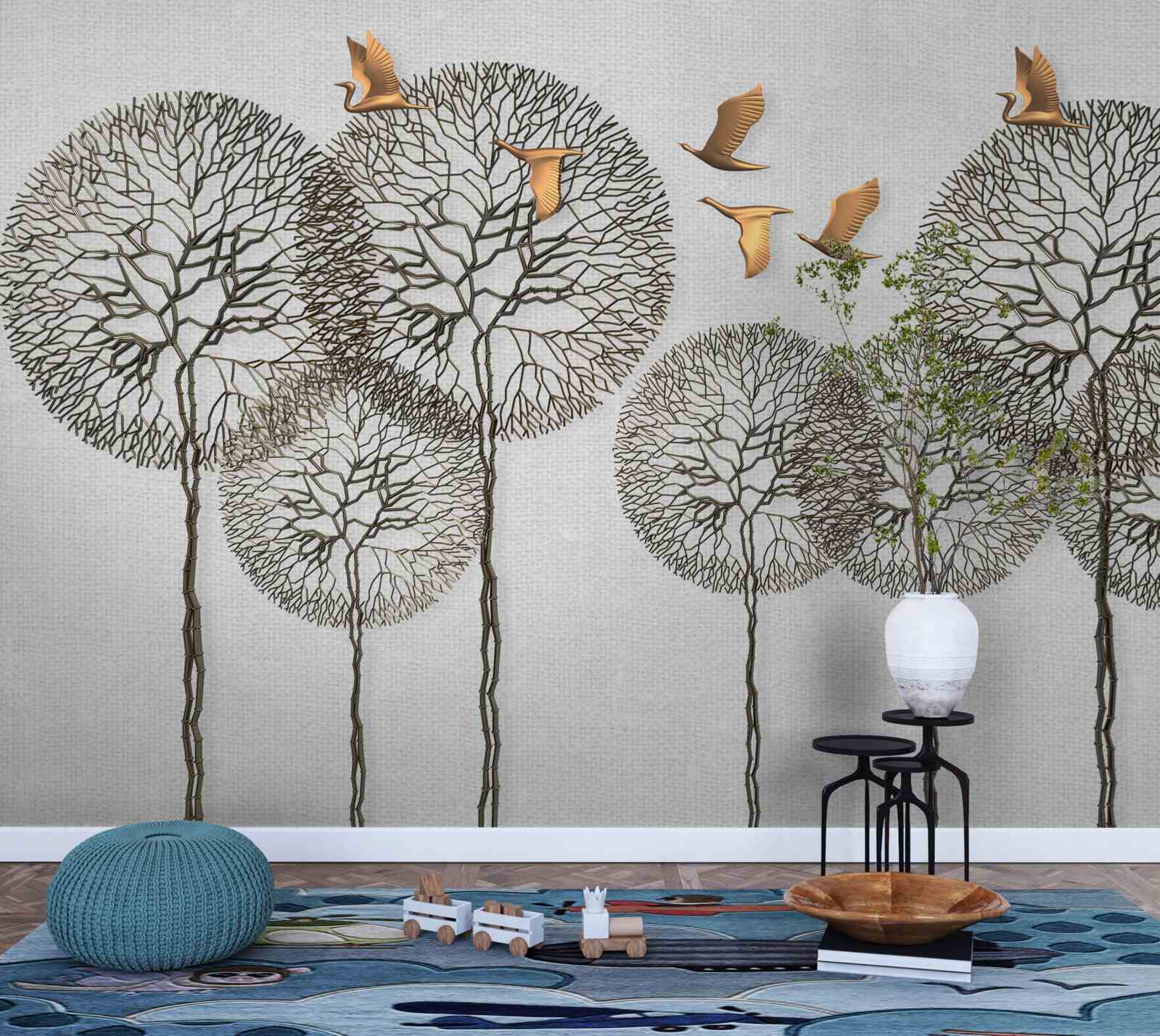 Papier peint des formations d'arbres sphériques inhabituelles et des oiseaux dorés