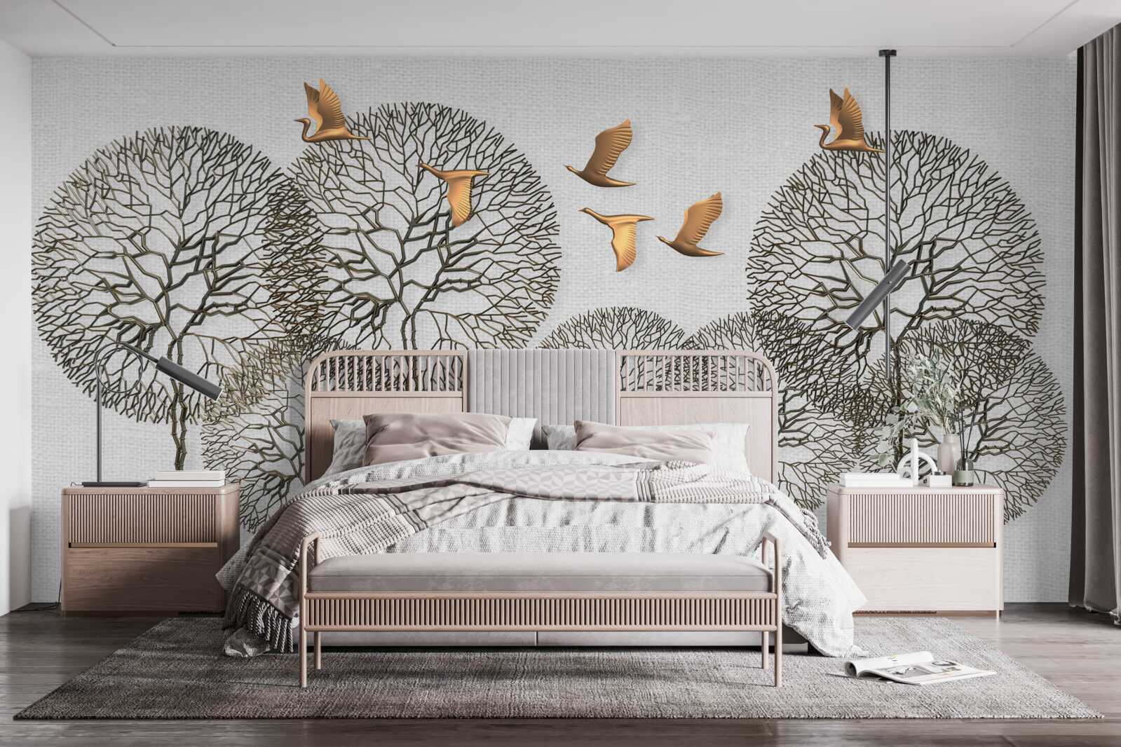 Papier peint des formations d'arbres sphériques inhabituelles et des oiseaux dorés