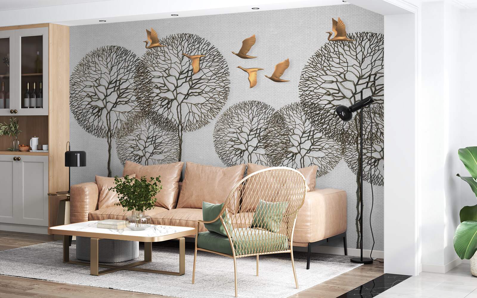 Papier peint des formations d'arbres sphériques inhabituelles et des oiseaux dorés