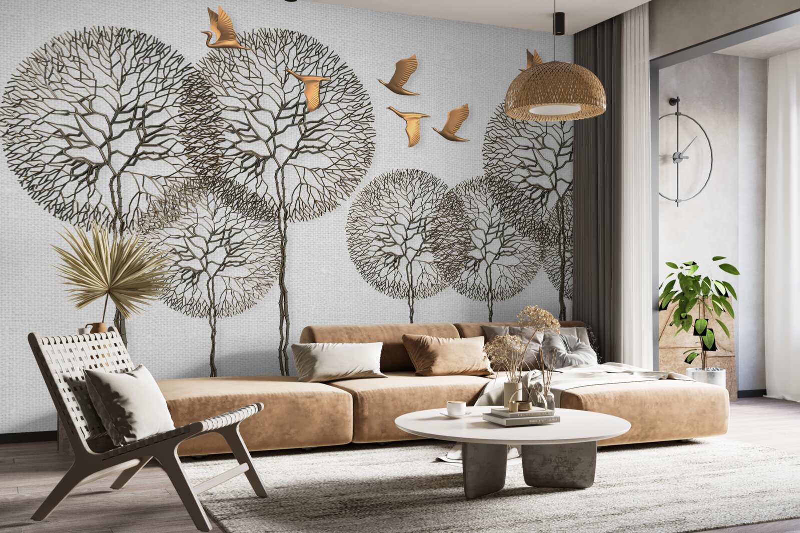 Papier peint des formations d'arbres sphériques inhabituelles et des oiseaux dorés