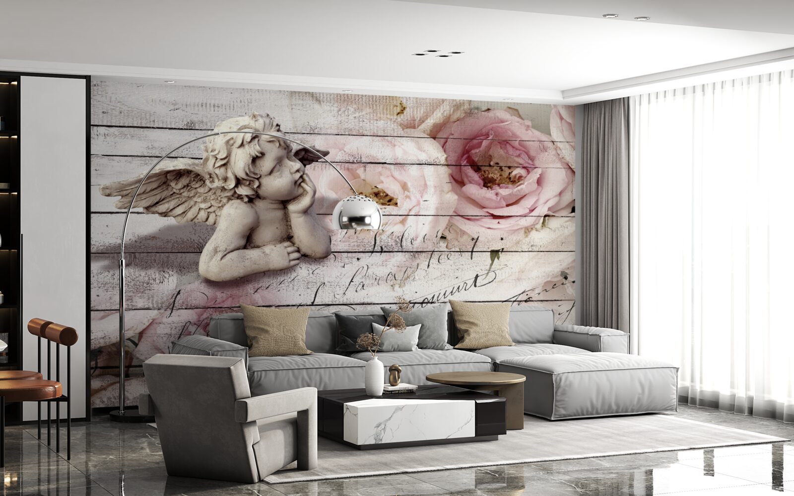 Papier peint petit ange attentionné sur le parquet