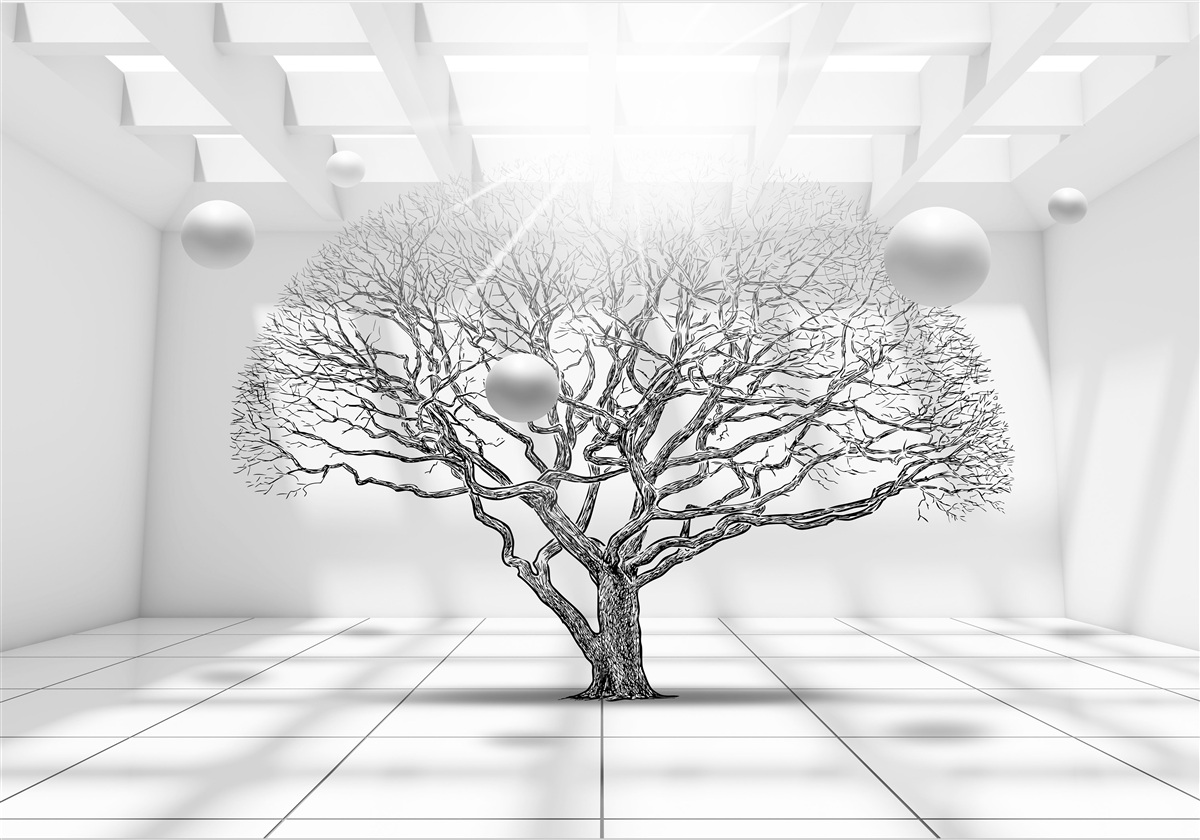 Papier peint arbre sans feuilles au centre d'un espace lumineux